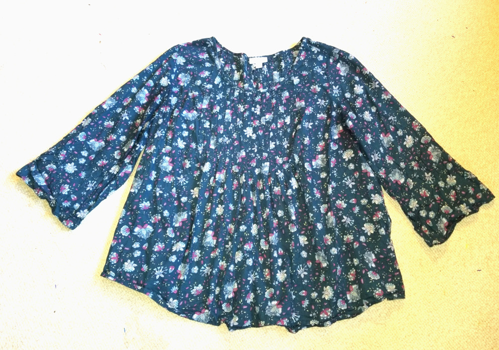Womens Top-J. JILL-teal/blue/purple floral pintucked tunic Cottagecore 3/4 sl-XL